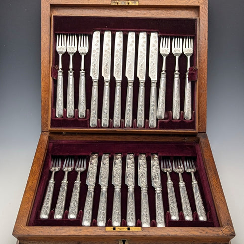 1894 British antique pure silver fruit cutlery set, 12 pairs, 783g total, RF Mosley, in wooden box