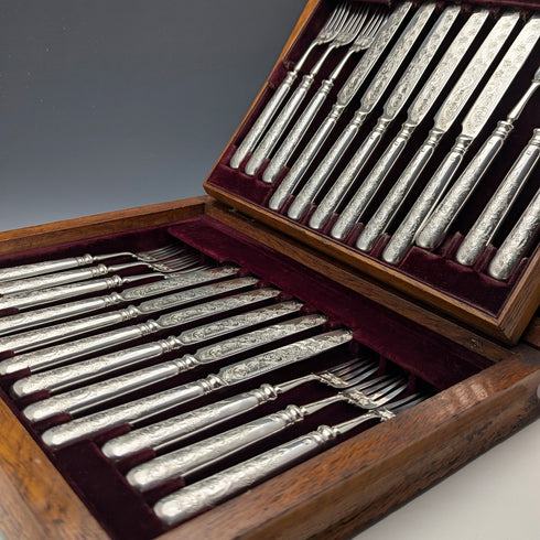 1894 British antique pure silver fruit cutlery set, 12 pairs, 783g total, RF Mosley, in wooden box