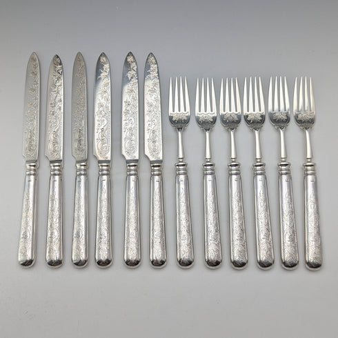 1894 British antique pure silver fruit cutlery set, 12 pairs, 783g total, RF Mosley, in wooden box