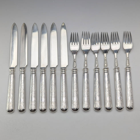 1894 British antique pure silver fruit cutlery set, 12 pairs, 783g total, RF Mosley, in wooden box
