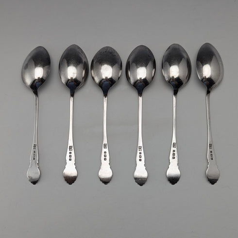 1914 British antique sterling silver tea spoon set of 6 in case, Robert Pringle & Sons