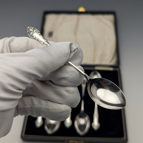 1914 British antique sterling silver tea spoon set of 6 in case, Robert Pringle & Sons