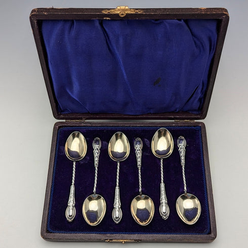 1908 British antique sterling silver tea spoon set of 6 in case by William Devenport