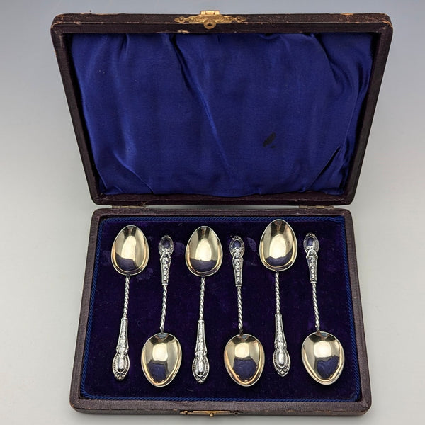 1908 British antique sterling silver tea spoon set of 6 in case by William Devenport