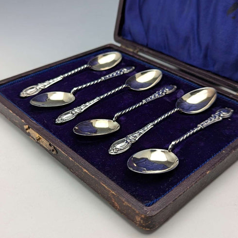 1908年 英国アンティーク 純銀製ティースプーン6本セット ケース入り William Devenport