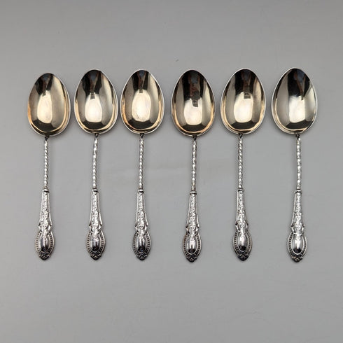 1908 British antique sterling silver tea spoon set of 6 in case by William Devenport