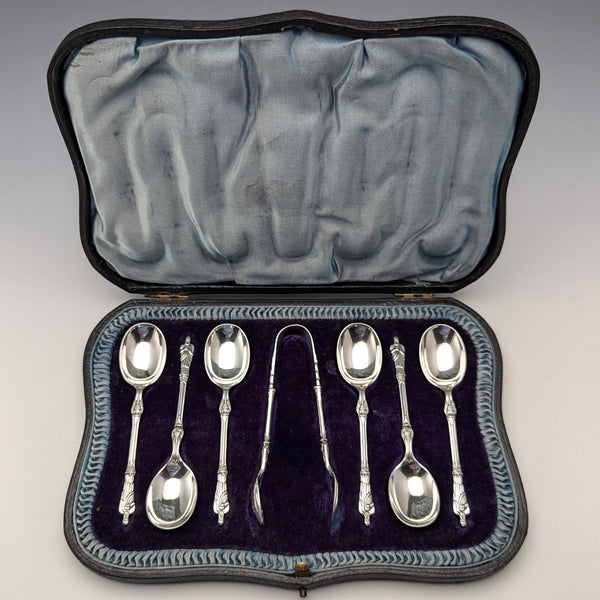 1912 British Antique Sterling Silver Teaspoon & Sugar Tongs Set of 6 in Case, Atkin Brothers