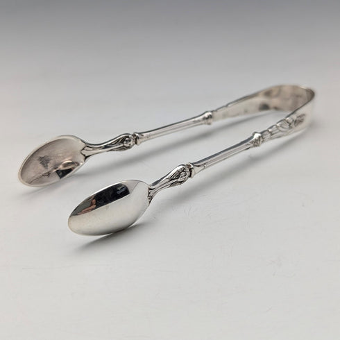1912 British Antique Sterling Silver Teaspoon & Sugar Tongs Set of 6 in Case, Atkin Brothers
