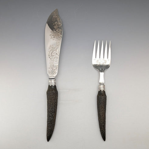 1902 British antique antler-handled fish server set, pure silver decoration, William Yates