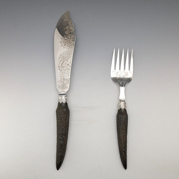 1902 British antique antler-handled fish server set, pure silver decoration, William Yates