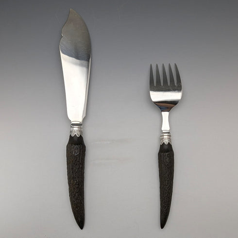 1902 British antique antler-handled fish server set, pure silver decoration, William Yates