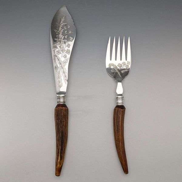 約 1900 年英國古董鹿角手柄魚餐具組 Elizabeth Jane Fairbairns