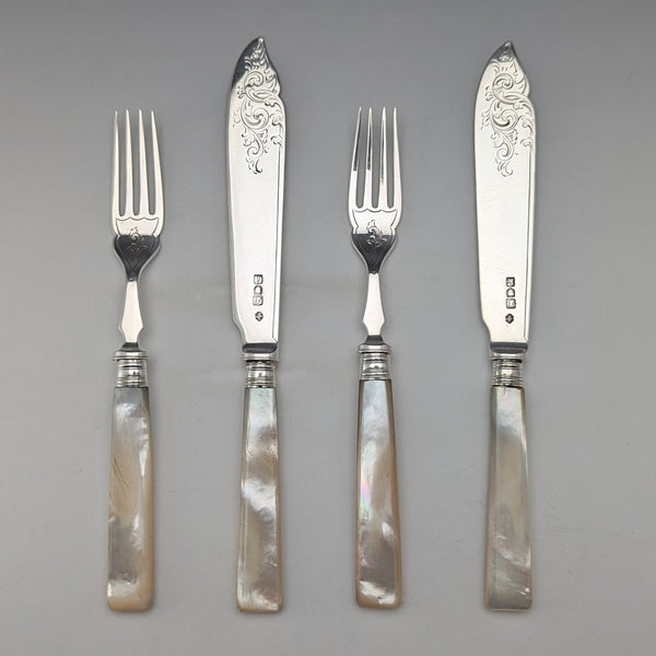 1904 British antique white mother-of-pearl handle, pure silver blade, dessert cutlery, 2 pairs, William Hutton