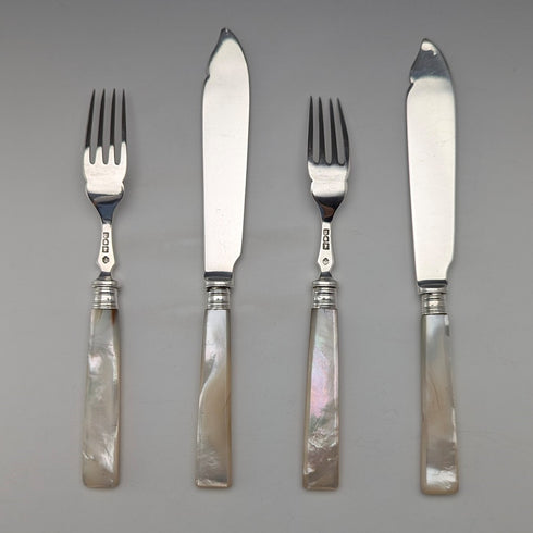 1904 British antique white mother-of-pearl handle, pure silver blade, dessert cutlery, 2 pairs, William Hutton