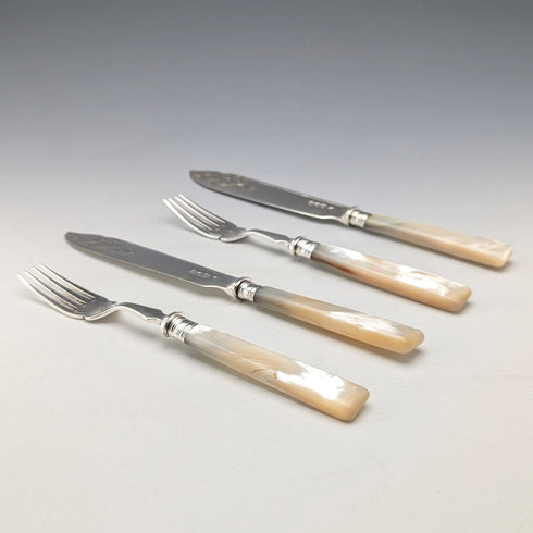 1904 British antique white mother-of-pearl handle, pure silver blade, dessert cutlery, 2 pairs, William Hutton