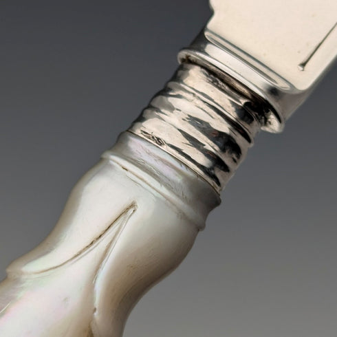 1899 British antique white mother-of-pearl handle, pure silver blade dessert cutlery, 4 pairs, John Sanderson