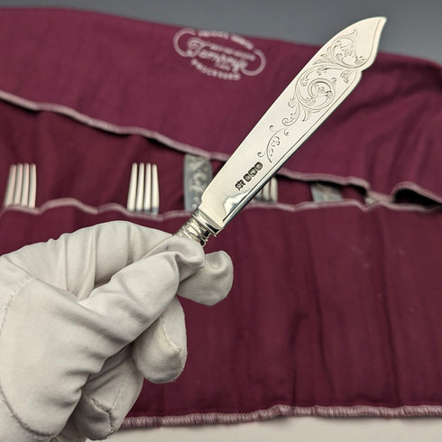 1899 British antique white mother-of-pearl handle, pure silver blade dessert cutlery, 4 pairs, John Sanderson