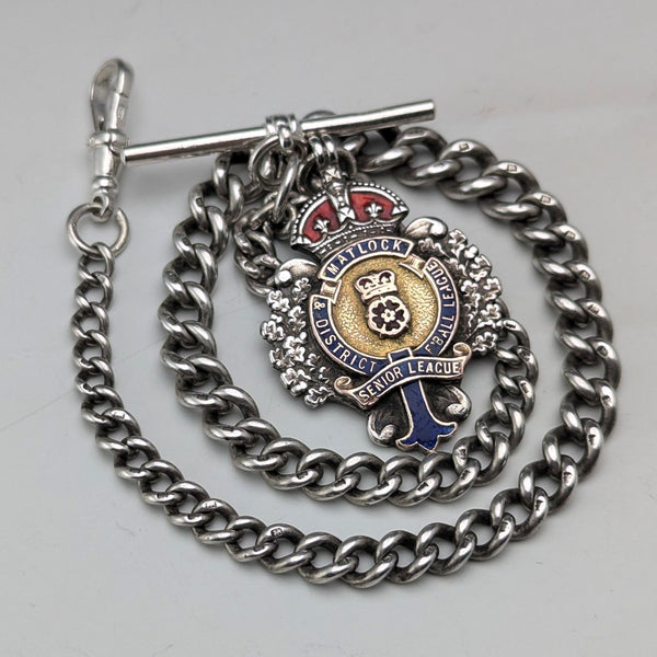 Circa 1900 British antique sterling silver Albert chain 42g enamel decorated sterling silver medal fob