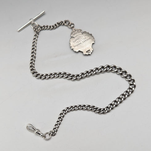 Circa 1900 British antique sterling silver Albert chain 42g enamel decorated sterling silver medal fob