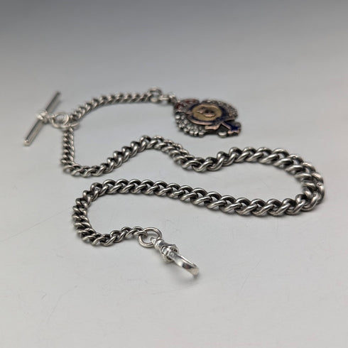 Circa 1900 British antique sterling silver Albert chain 42g enamel decorated sterling silver medal fob