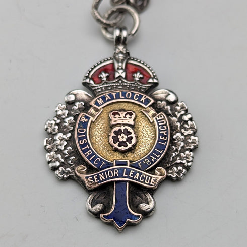 Circa 1900 British antique sterling silver Albert chain 42g enamel decorated sterling silver medal fob