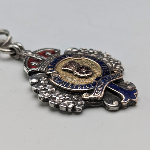Circa 1900 British antique sterling silver Albert chain 42g enamel decorated sterling silver medal fob