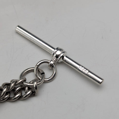 Circa 1900 British antique sterling silver Albert chain 42g enamel decorated sterling silver medal fob