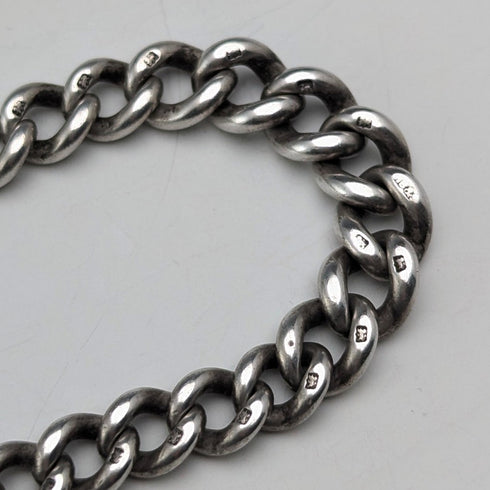 Circa 1900 British antique sterling silver Albert chain 42g enamel decorated sterling silver medal fob