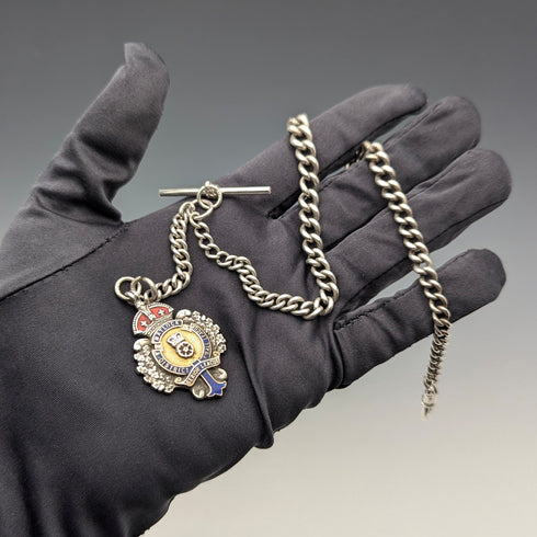 Circa 1900 British antique sterling silver Albert chain 42g enamel decorated sterling silver medal fob