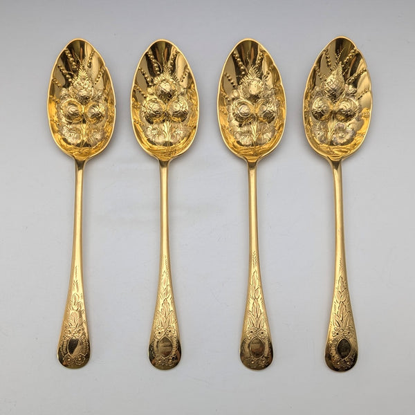 Set of 4 late 19th century British antique gold plated berry spoons
