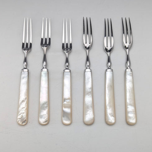 1950s British Vintage White Mother of Pearl Handle Stainless Steel Blade Small Cutlery Pair (6 Pieces)