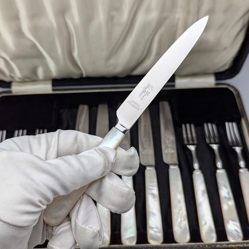 1950s British Vintage White Mother of Pearl Handle Stainless Steel Blade Small Cutlery Pair (6 Pieces)