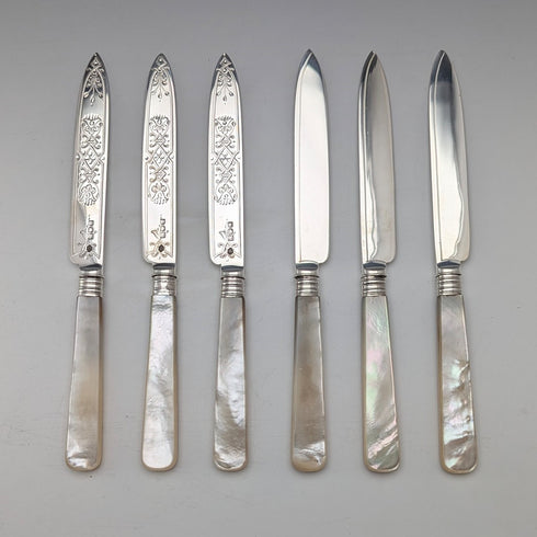 1906 British antique white mother-of-pearl handle, pure silver blade, dessert cutlery, 6 pairs, William Hutton, wooden box