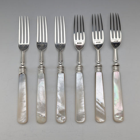 1906 British antique white mother-of-pearl handle, pure silver blade, dessert cutlery, 6 pairs, William Hutton, wooden box