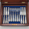 1906 British antique carved mother-of-pearl handles, pure silver blades, dessert cutlery, 6 pairs, William Hutton, wooden box