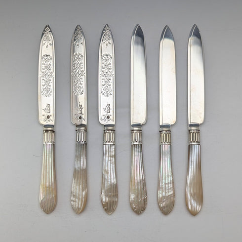 1906 British antique carved mother-of-pearl handles, pure silver blades, dessert cutlery, 6 pairs, William Hutton, wooden box