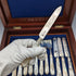 1906 British antique carved mother-of-pearl handles, pure silver blades, dessert cutlery, 6 pairs, William Hutton, wooden box