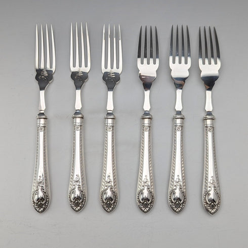 6 pairs of antique British silver plate cutlery from around 1910 in a wooden box