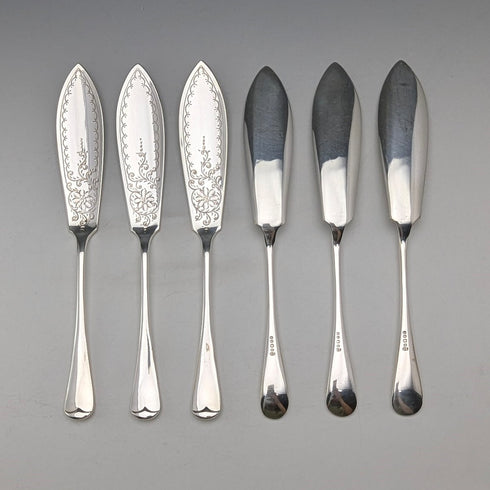 Circa 1900 British antique silver plate fish cutlery set of 6 in wooden box