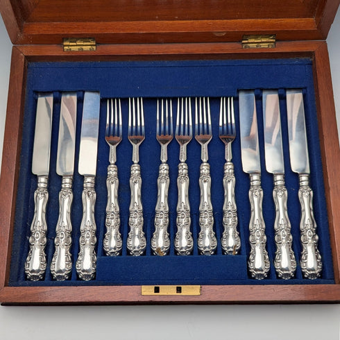 1853 British antique pure silver dessert cutlery, 6 pairs, total weight 537g, Francis Higgins II, wooden box