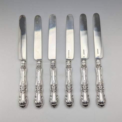 1853 British antique pure silver dessert cutlery, 6 pairs, total weight 537g, Francis Higgins II, wooden box