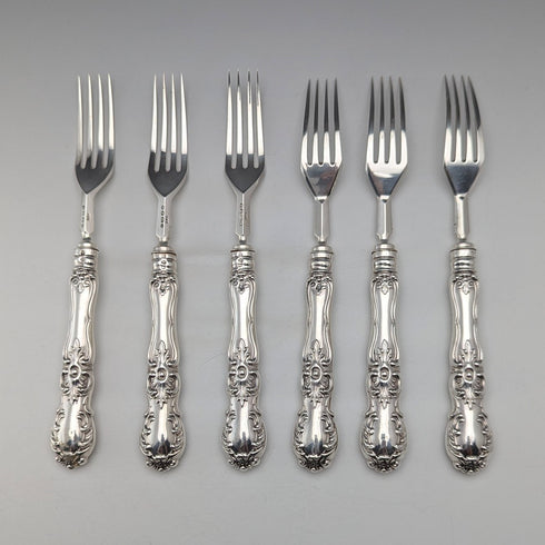 1853 British antique pure silver dessert cutlery, 6 pairs, total weight 537g, Francis Higgins II, wooden box