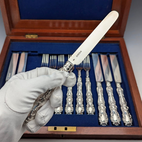 1853 British antique pure silver dessert cutlery, 6 pairs, total weight 537g, Francis Higgins II, wooden box