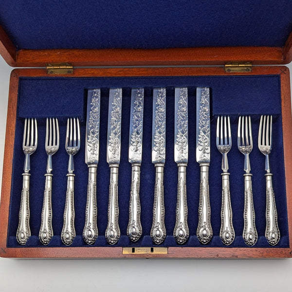 1902 British antique pure silver dessert cutlery, 6 pairs, total 466g, P Ashberry & Sons, wooden box