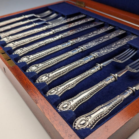 1902 British antique pure silver dessert cutlery, 6 pairs, total 466g, P Ashberry & Sons, wooden box
