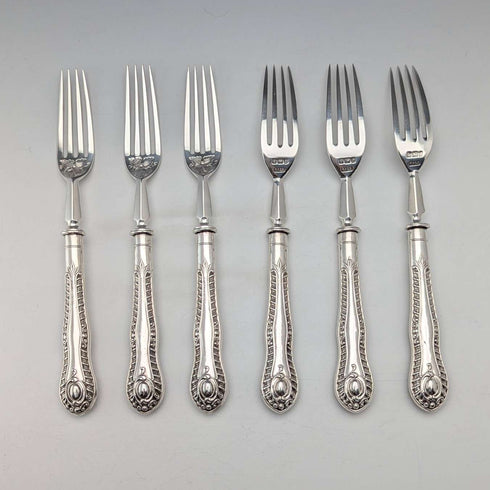 1902 British antique pure silver dessert cutlery, 6 pairs, total 466g, P Ashberry & Sons, wooden box