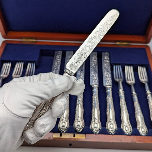 1902 British antique pure silver dessert cutlery, 6 pairs, total 466g, P Ashberry & Sons, wooden box