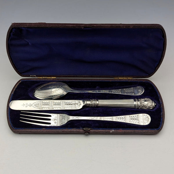 Circa 1870 British antique sterling silver christening cutlery set in case, Walker & Hall