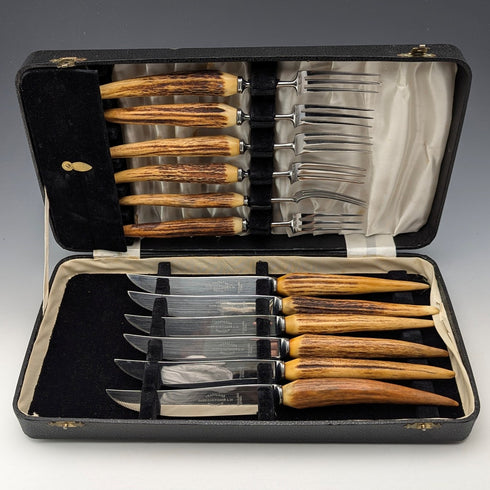 Antique British Antler Handle Steak Cutlery Set of 6 Pairs Harrison Fisher & Co.