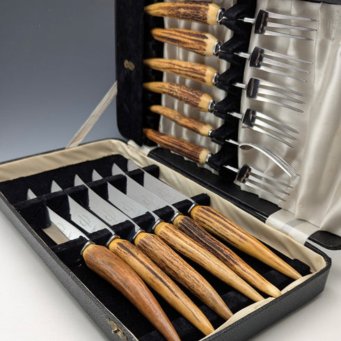Antique British Antler Handle Steak Cutlery Set of 6 Pairs Harrison Fisher & Co.